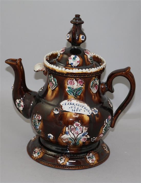 A late Victorian Meerschaum pottery Barge Ware teapot, cover and stand, 13.25in.